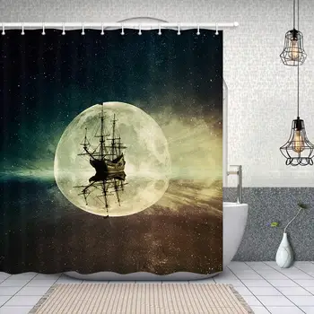

Nautical Shower Curtains, Rustic Pirate Ship in The Sea Historic Surround The Earth 69X70 inches Polyester Fabric Ocean Shower