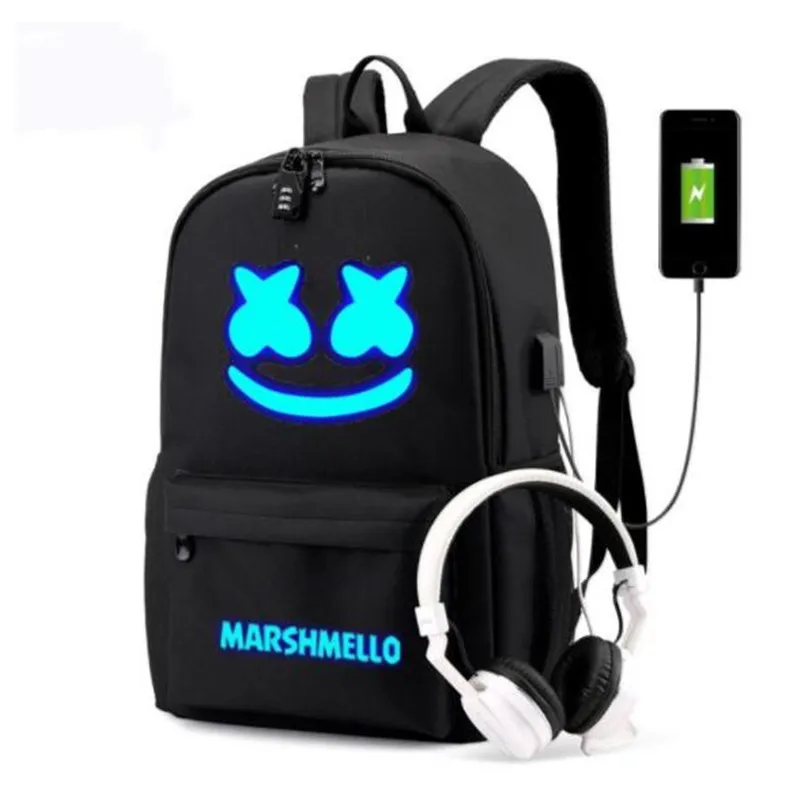 Рюкзак Marshmello с usb-зарядкой, рюкзак для ноутбука с защитой от ТЕФА, светящаяся сумка, школьная сумка для мальчиков и девочек-подростков, Повседневная дорожная сумка Mochilas