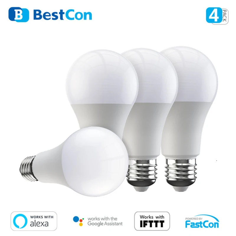 BestCon-bombilla LED inteligente con Wi-Fi, regulador de intensidad de luz, Control por voz, con Alexa y Google Home, BroadLink, paquete de 4 unidades