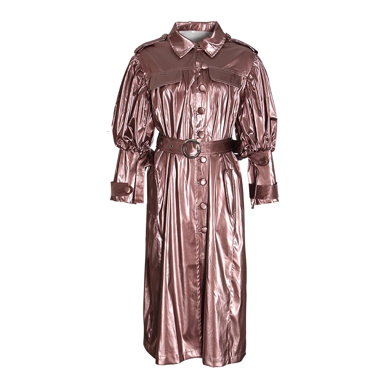 TWOTWINSTYLE, корейские женские пальто из искусственной кожи, воротник с лацканами, пышные рукава, высокая талия, на шнуровке, Женское пальто,, осенняя мода, новинка
