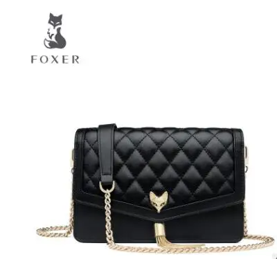 FOXER брендовая женская вечерняя сумка с ромбовидной решеткой, женская роскошная сумка-мессенджер с ремешком на цепочке, качественная кожаная женская маленькая сумка с клапаном