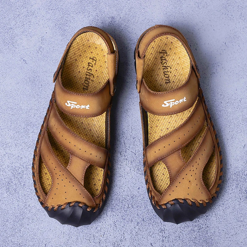 QZHSMY Classic Soft Men Sandals Comfortable Summer Black Men Shoes Leather Sandals Big Size New High Quality Loafers Safety Shoe