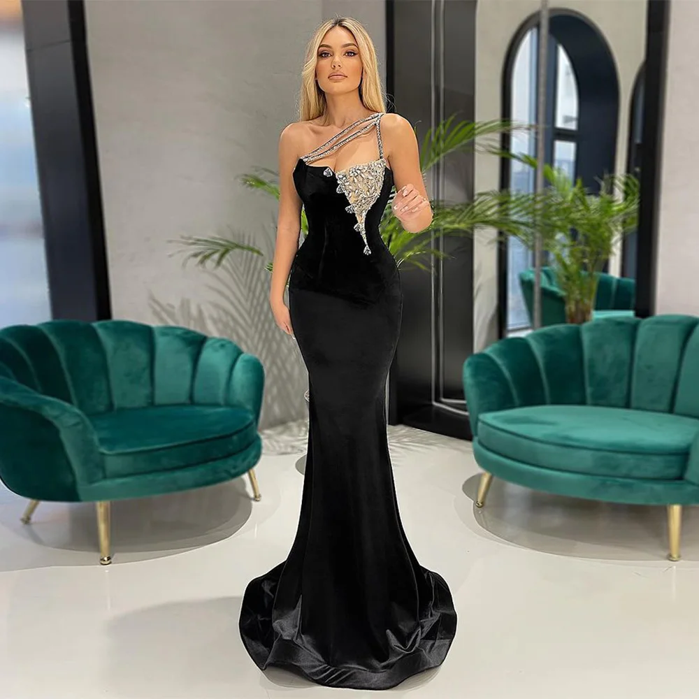 

Black Velour Evening Dress Prom Gown One Shoulder Silver Beading Rhinestones Sweep Train Velvet Mermaid Formal Party Dresses