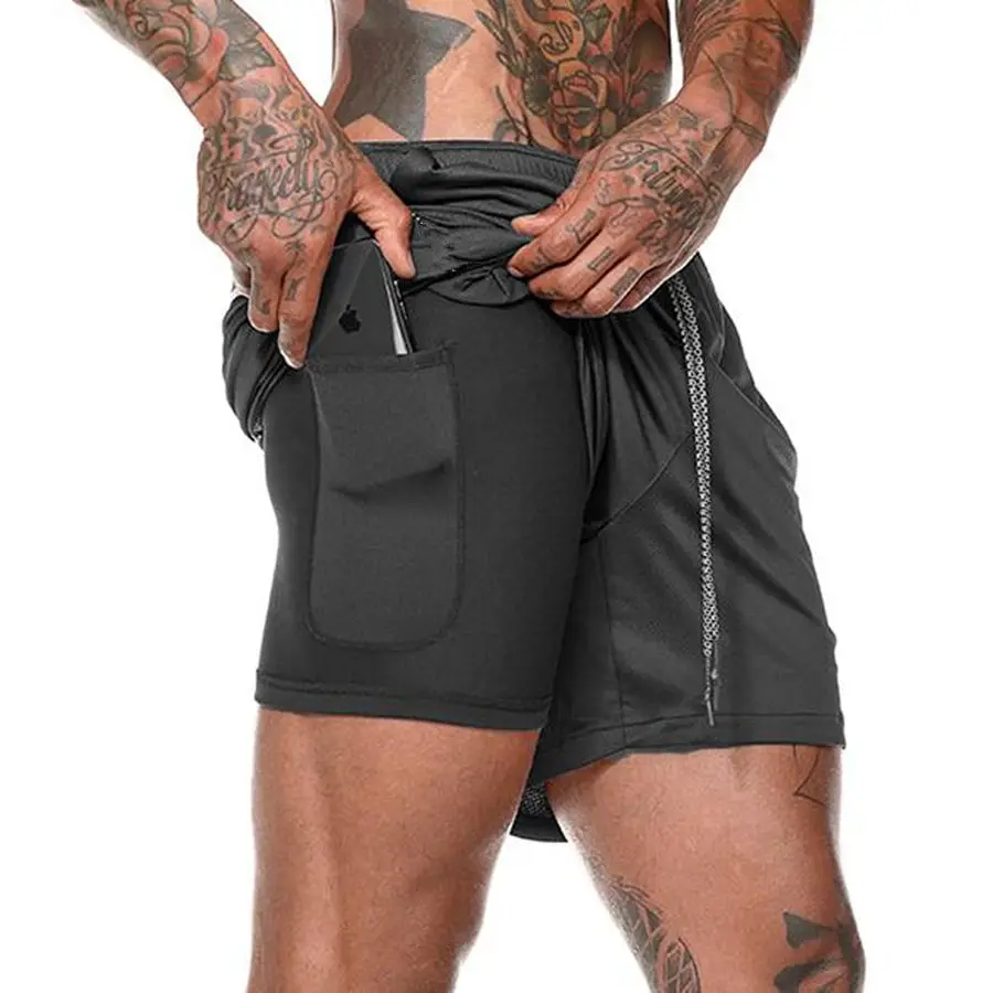 Новые мужские 2 в 1 Шорты Для Бега Фитнес Бодибилдинг, тренировка быстросохнущие пляжные короткие мужские брюки Летние тренировки Кроссфит - Color: Black