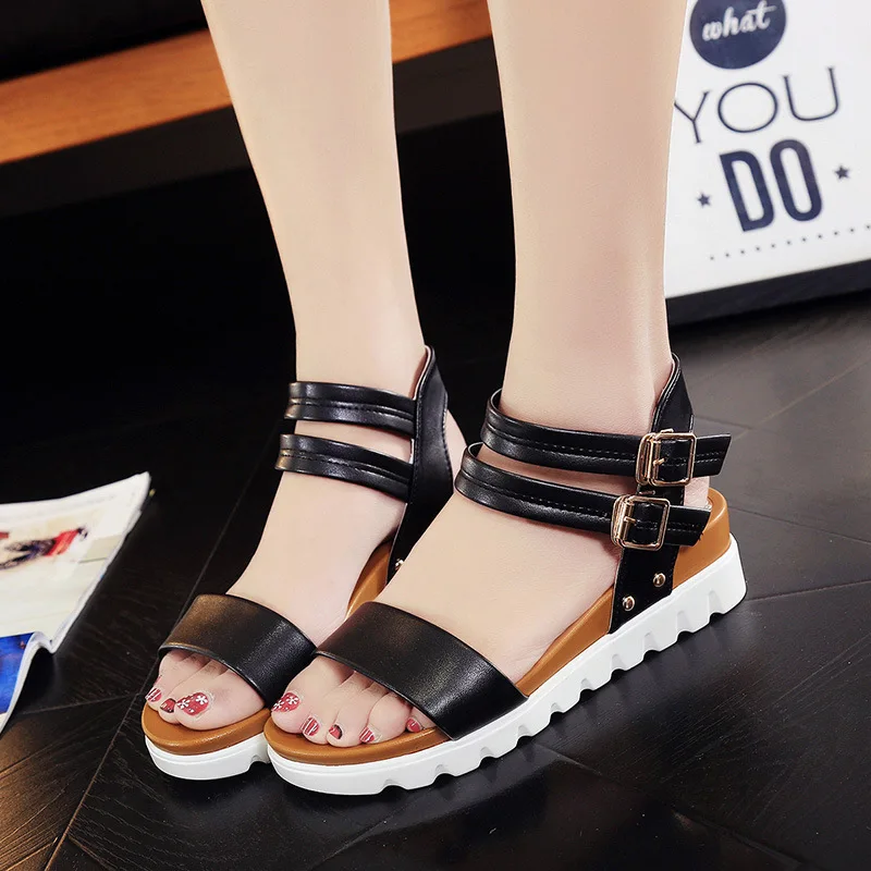 

Girl'S Sandals Big Boy Students Korean-style Flat 2017 Summer New Style Solid Color Anti-slip Peep-Toe Low Heel WOMEN'S Sandals