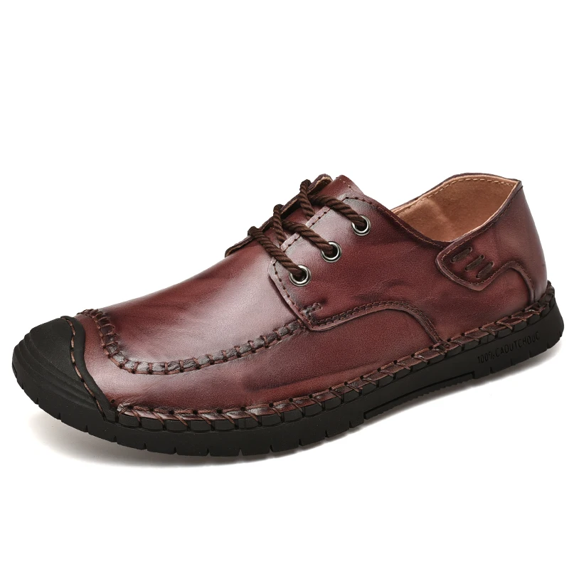 Hot Sale Leather Men Flats Shoes Hand Sewing Men Oxfords Zapatos Hombres Trendy Men Leather Lace Up Shoes High Quality Moccasins - Цвет: red brown