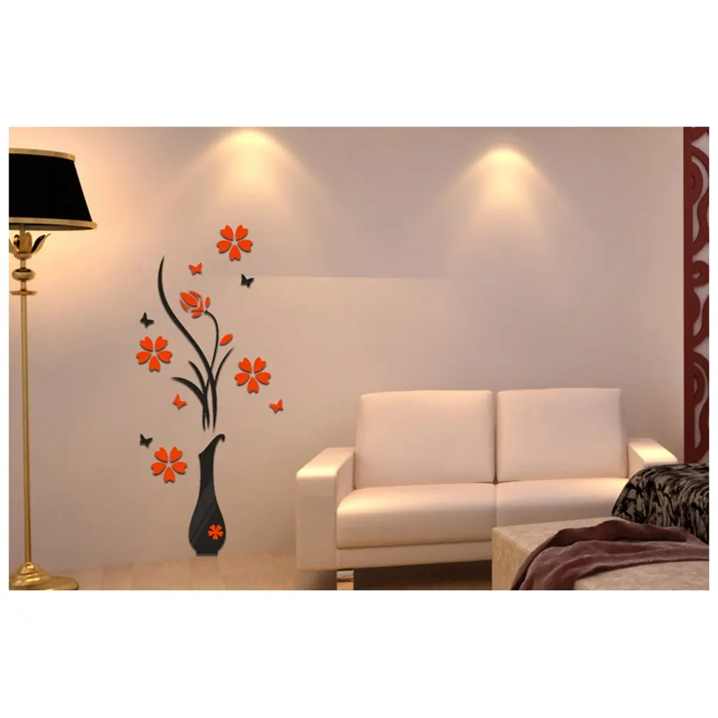 3D Acrylic Vase & Plum Pattern Room TV Backdrop Entrance Home Wall Sticker High Visual Clarity High Light Transmission Durable