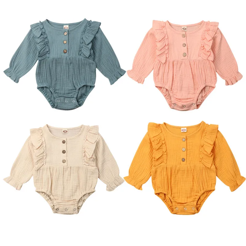 Cute Newborn Baby Girls Ruffles Bodysuit Cotton Linen Clothes Long Sleeve Buttons O-Neck Bodysuit Baby Girl Jumpsuit 0-24M