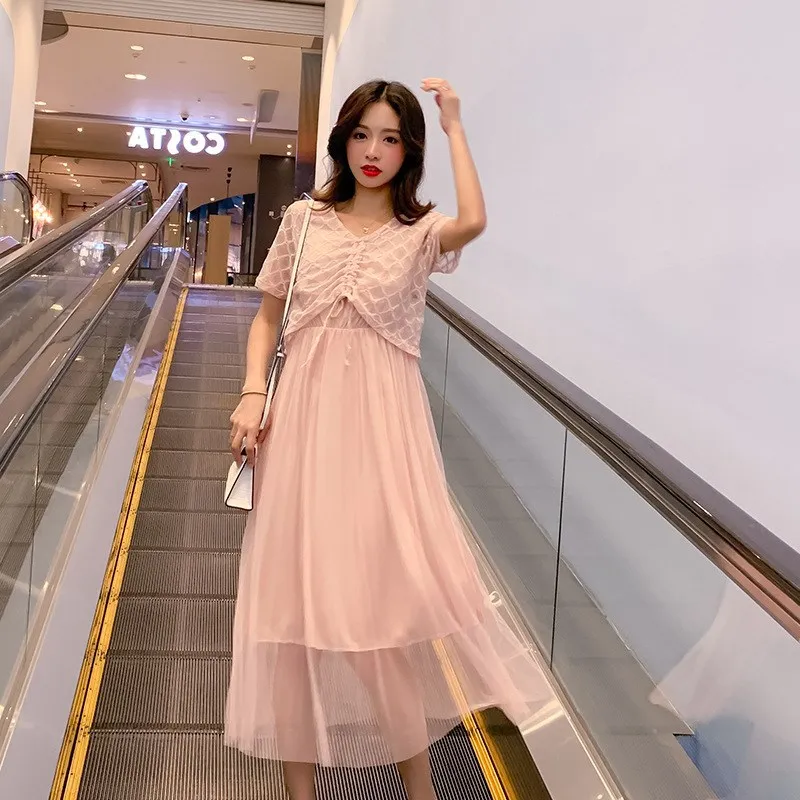 

2019 New Style Summer Mid-length Large Size Drawstring Gauze Mock Two-Piece Dress Lace Feeding Nursing Dress