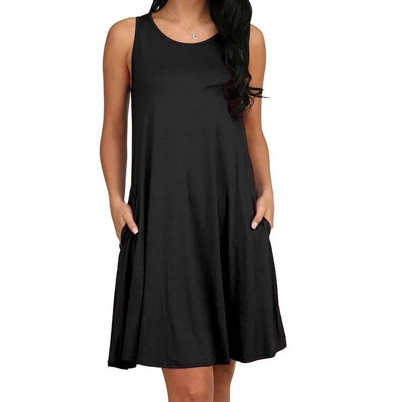 Женское повседневное летнее платье больших размеров с круглым вырезом, свободная одежда с боковыми карманами, модные сексуальные женские однотонные платья без рукавов 5XL - Цвет: Black Dress