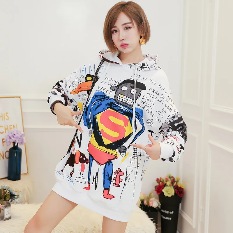 2019 Autumn Winter New Hoodies Sweat Womens Harajuku Cartoon Superman Graffiti Printed Casual Loose Fleece pullover Sweatshirts