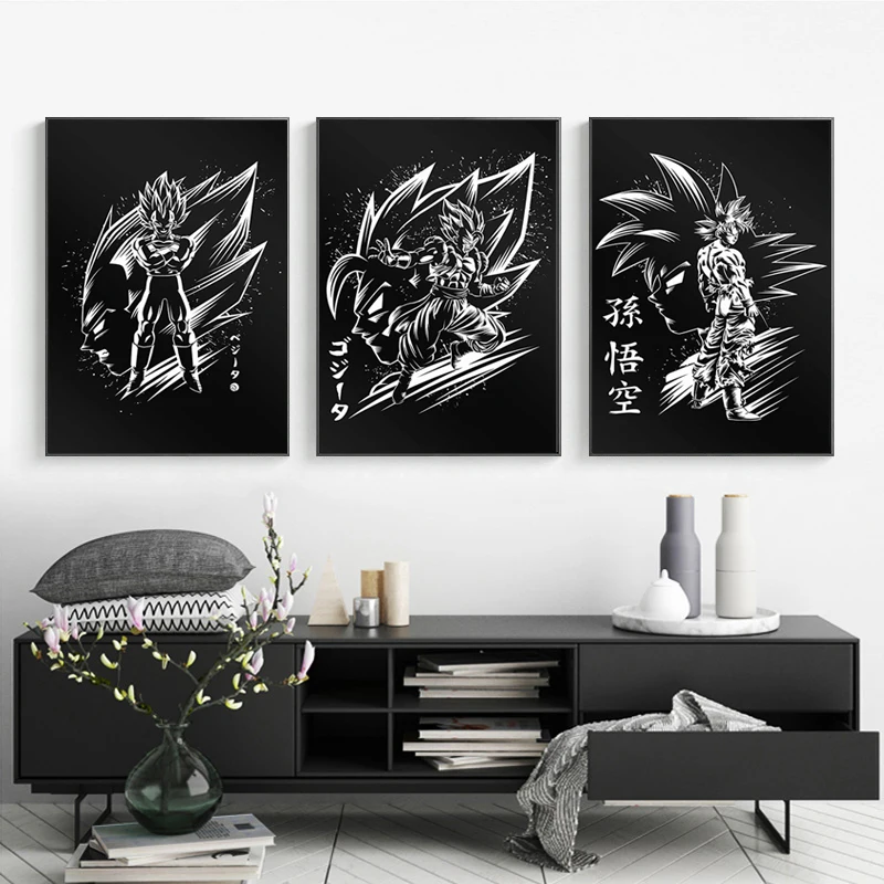 3 шт. черно-белые картины на холсте Dragon Ball Z Goku/vegeta/vegetto аниме плакат HD Настенная картина для украшения спальни