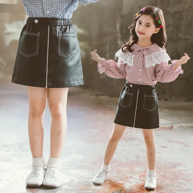 Girls Skirts Kids Pleated PU Leather Skirt 4-16 Year Old Teen Girl Skirts Zipper Straight Skirts Kids Outfit Children Clothes