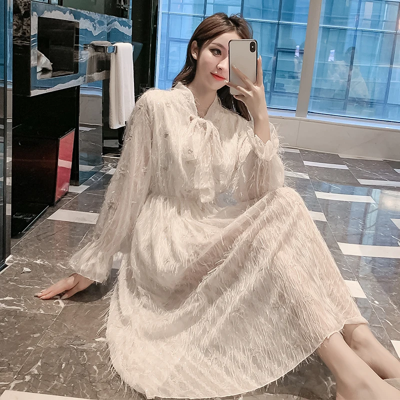 

Bow French Flare Sleeve Over-Knee Fringe Fashion French Dress 2020 Spring Women Clothing Elegant Solid Color High Waist Dress