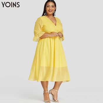 

YOINS 2020 Summer Dress Deep V-neck Drawstring Waist Half Bell Sleeves Elegant Lace Dresses Midi Length Plus-Size Vestidos Femme