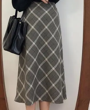 grey skirt S-XL, Осень-зима, теплые женские юбки,, серая Клетчатая Шерстяная Юбка, женские плотные длинные юбки на молнии с высокой талией для женщин(G6088 - Цвет: grey skirt