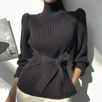 

Winter Knitted Ribbed Turtleneck Women's Sweaters Long Sleeve Lace Up Thicken Female Pullovers Korean Warm Casual Ladies Sweater