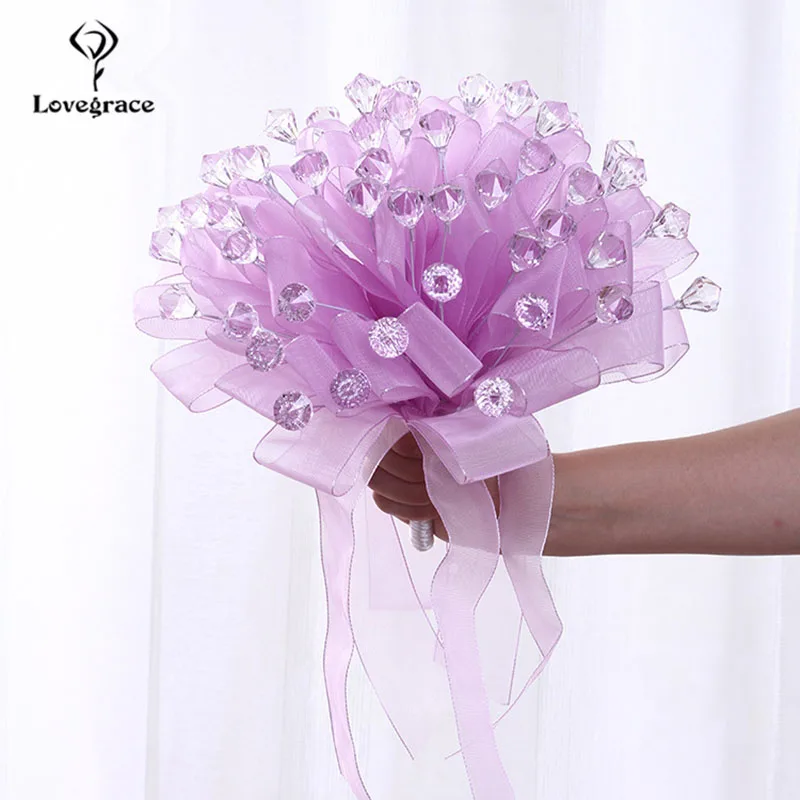 Lovegrace Свадебный букет невесты Роза для подружки невесты цветок жесткий Riband Акриловые стразы букеты Домашняя вечеринка Выпускной свадебный Декор - Цвет: B-purple
