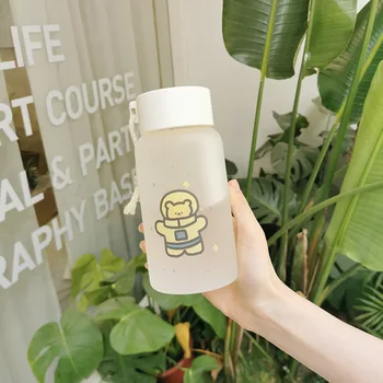 

500ml Cartoon Bear Transparent Drink Cups Frosted Glass Cute Student Creative Personality Trend Water Cup Travel Water Bottle