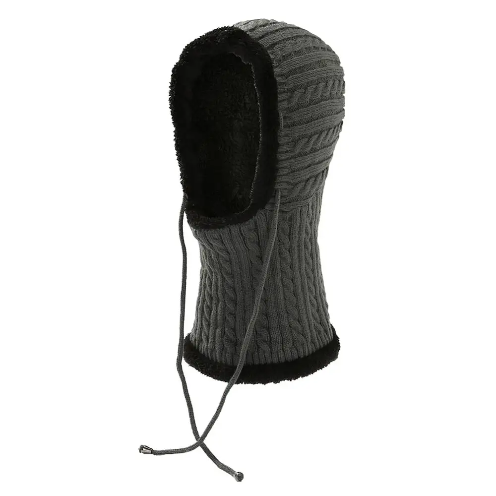 Knitted Balaclava Autumn Winter Drawstring Fluffy Face Mouth Mask Scarf Hat For Women Men - Color: H
