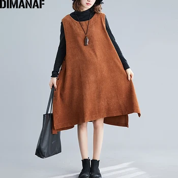 

DIMANAF Autumn Winter Plus Size Women Dress Corduroy Lady Elegant Vestidos A-Line Sleeveless Loose Casual Button Female Clothing