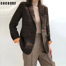 Женский шерстяной костюм женский осенне-зимний Блейзер Женский винтажный костюм, пиджак в клетку прямой шерстяной пиджак костюм Тонкий Блейзер feminino
