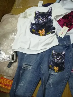 Женский весенний комплект из 2 предметов футболка с рисунком кота и блестками