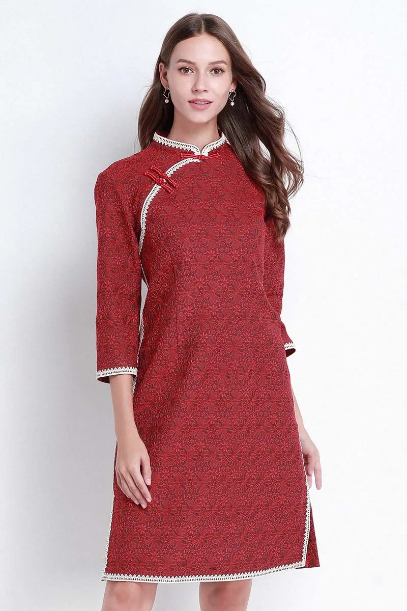 Бургундское винтажное китайское платье 5XL размера плюс Cheongsam Сплит бодикон миди вечерние платья Китай Qipao Весна Осень женское платье