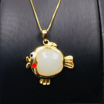 

Real 925 Silver White HeTian Jade Inlay Colored Goldfish Design Lucky Pendant + Chain Necklace For Women Fine Jewelry