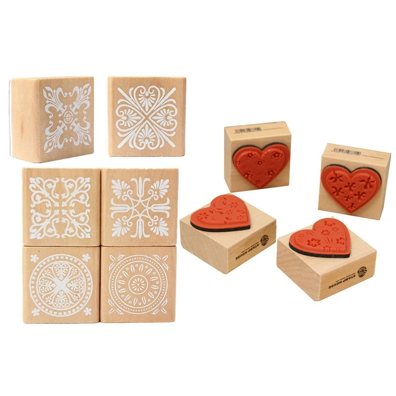 

10 Pcs Wooden Stamp : 6 Pcs Assorted Wooden Stamp Rubber Seal Square Handwriting DIY Craft Flower Lace with 4 Pcs DIY Love Heart