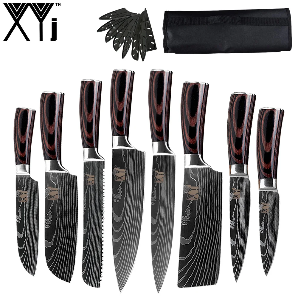 Comprar XYj Damasco juego de cuchillos de acero inoxidable con bolsa de rollo de alta calidad Damasco patrón hoja Chef carne cuchilla accesorios de cocina