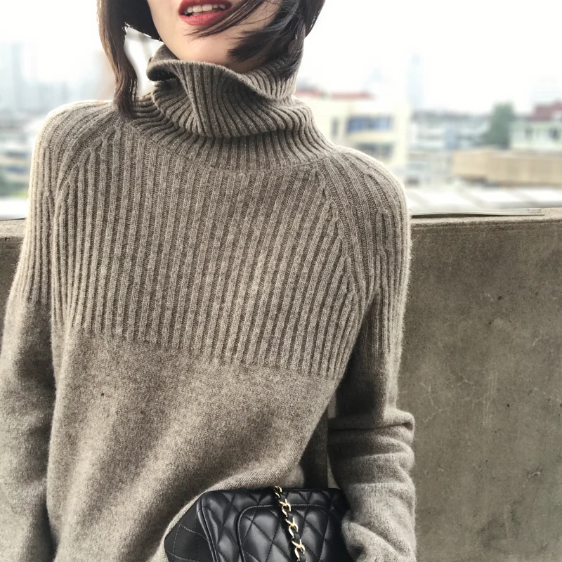 Sweater Women Solid Stretch Striped Top Wool Knit Plus Size Harajuku Fall 2020 Slim Winter Clothes Beige Turtleneck Pullovers | Женская