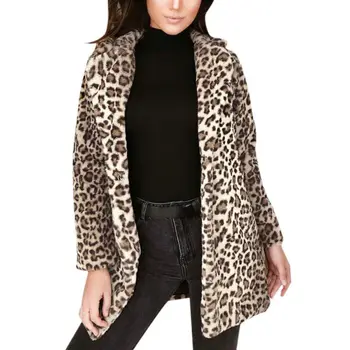 

Women Winter Faux Fur Lapel Coat Warm Sexy Leopard Print Coat Fashion Long Sleeve Outerwear Rk