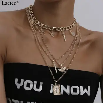 

Lacteo Punk Multi Layered Rhinestone Lock 3 Cross 2 Angel Pendant Necklace Exaggerated Square Coin Cross Pendant Chain Necklace