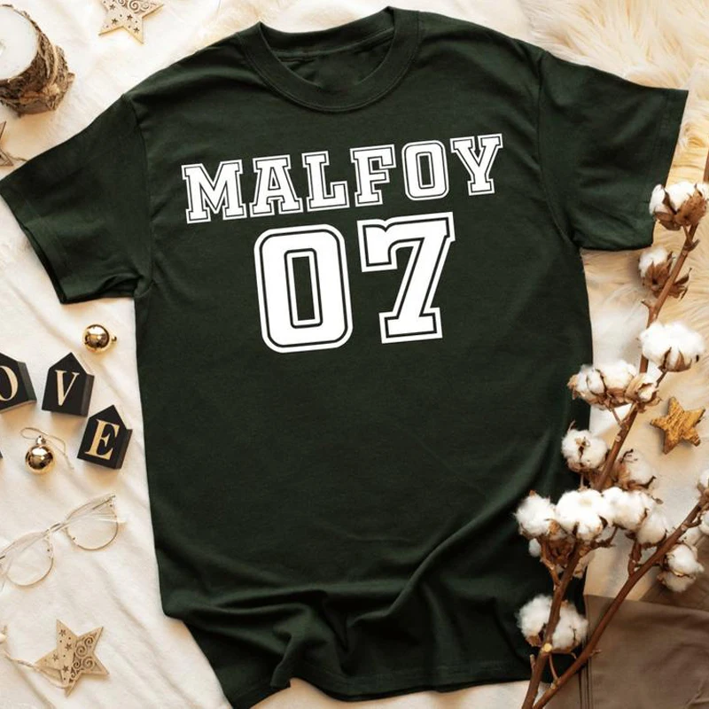 Draco Malfoy-Camisetas estampadas con letras, camiseta de manga corta, camisetas verdes, ropa para niñas y niños, ropa de escuela gótica, 07