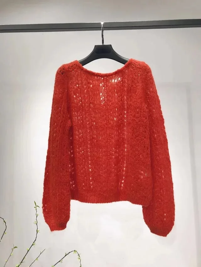 Осень и зима женский свитер сплошной цвет круглый вырез полые свободные мохер свитер женский - Цвет: SW19736-3