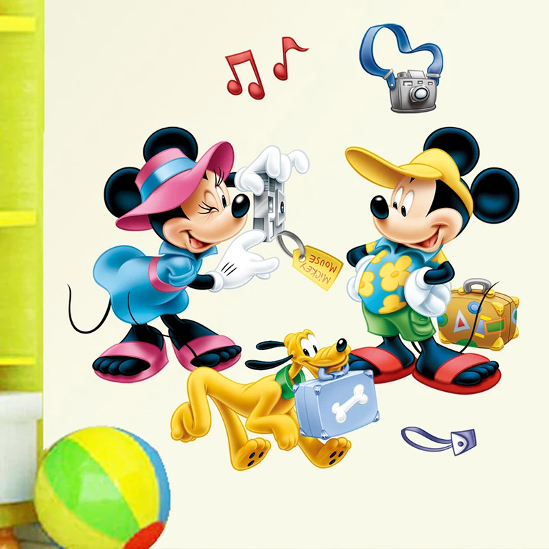 Cartoon Disney Mickey Minnie Pluto Take A Photograph Wall Stickers For Kids Rooms Home Decor Wall Decals Pvc Mural Art Wallpaper