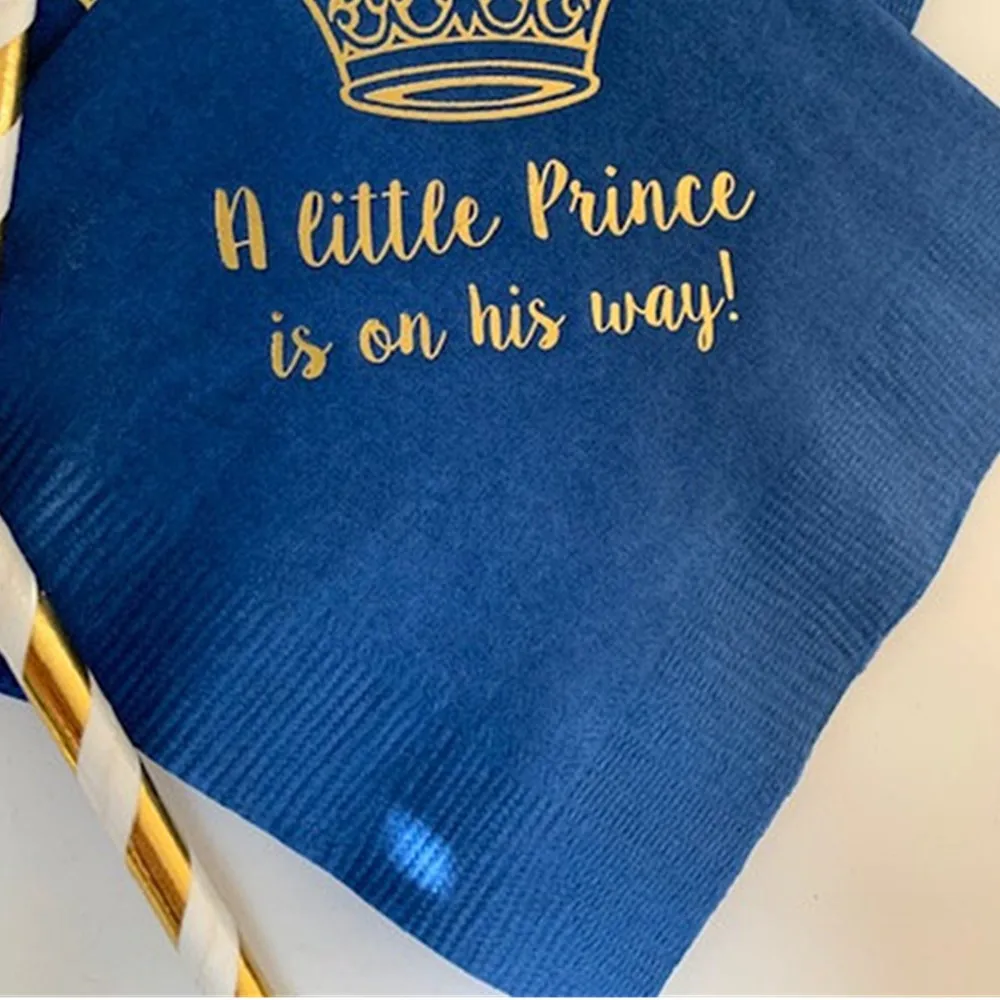 

Personalized 25 Napkins Baby Shower Prince Crown Royal Blue Gold Foil Cocktail Beverage A little Prince is on his way napkins