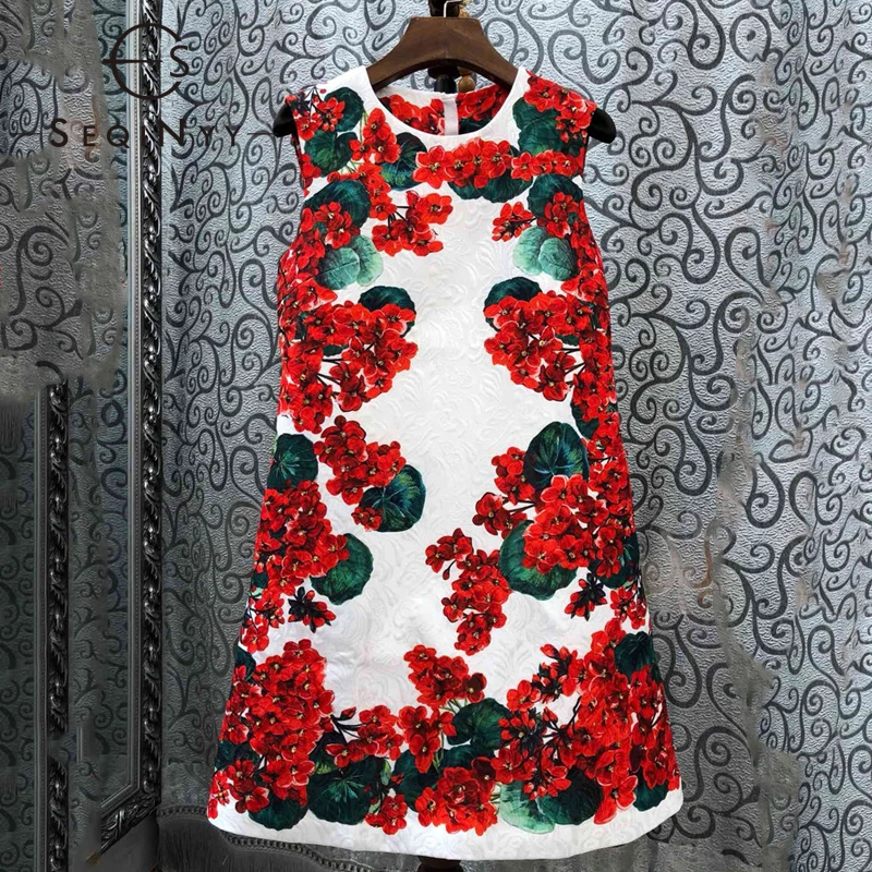 SEQINYY мини-платье лето модный дизайн жилет красная Гортензия с принтом женское жаккардовое платье высокого качества