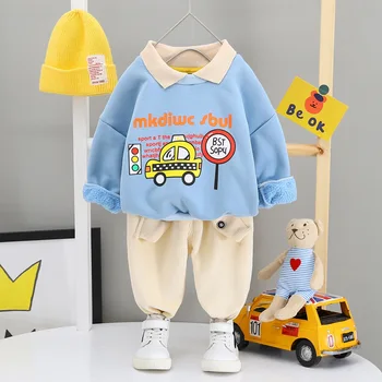 

Winter Baby Boys Thick Fleece Car Print Lapel Collar Sweatshirt Hoodies + Casual Trousers Children Kids 2Pcs Suits Clothing Sets