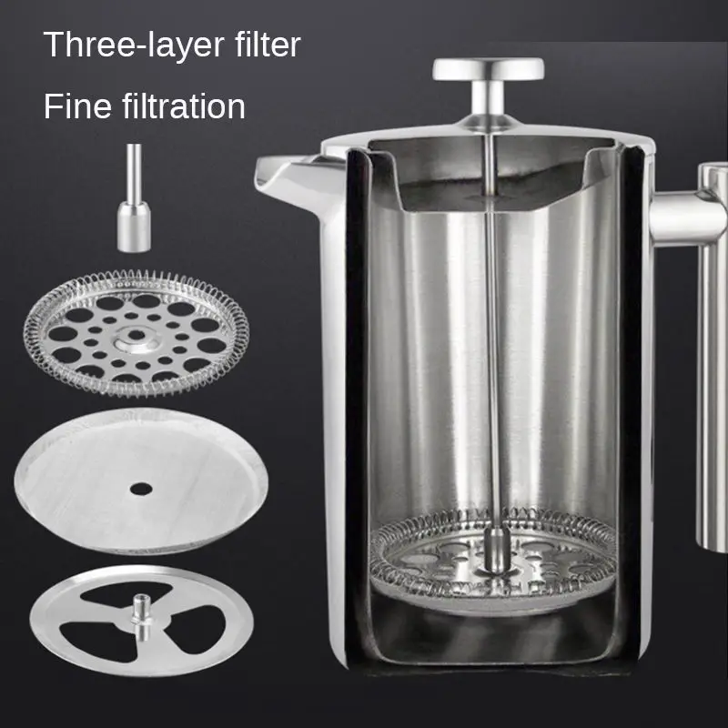 Coffee Maker Pot Large Capacity Double Wall 304 Stainless Steel Water Kettle Milk Tea Brewer with 3 Layer Filter 350/800/1000ml