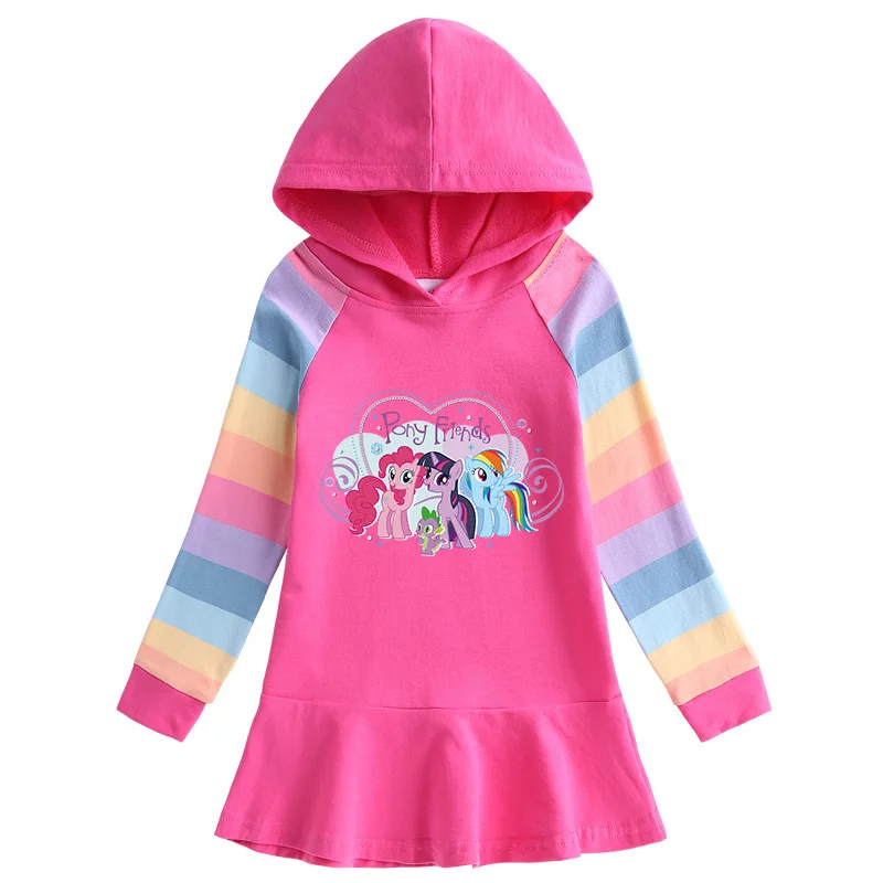 

100% Cotton My Little Pony Cartoon Print Child Girl Dress Rainbow Long Sleeve Hooded Children Princess Dress For Winter Spring