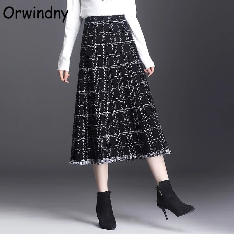 

High Waist knitting Long Skirt Women Winter New Fashion Skirt Ladies Casual Warm Plaid Tassel Skirts Orwindny