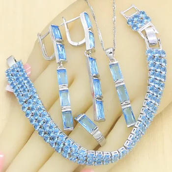 

Sky Blue Semi-precious Jewelry Sets for Women Bracelet Long Earrings Rings Necklace Pendant Gift Box