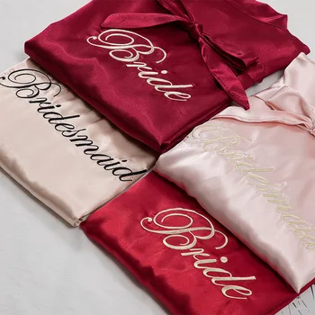 

Satin Embroidery Letter Bridal Wedding Kimono Bathrobe Gown Gift Female Intimate Lingerie Sleepwear Silky Home Dressing Gown