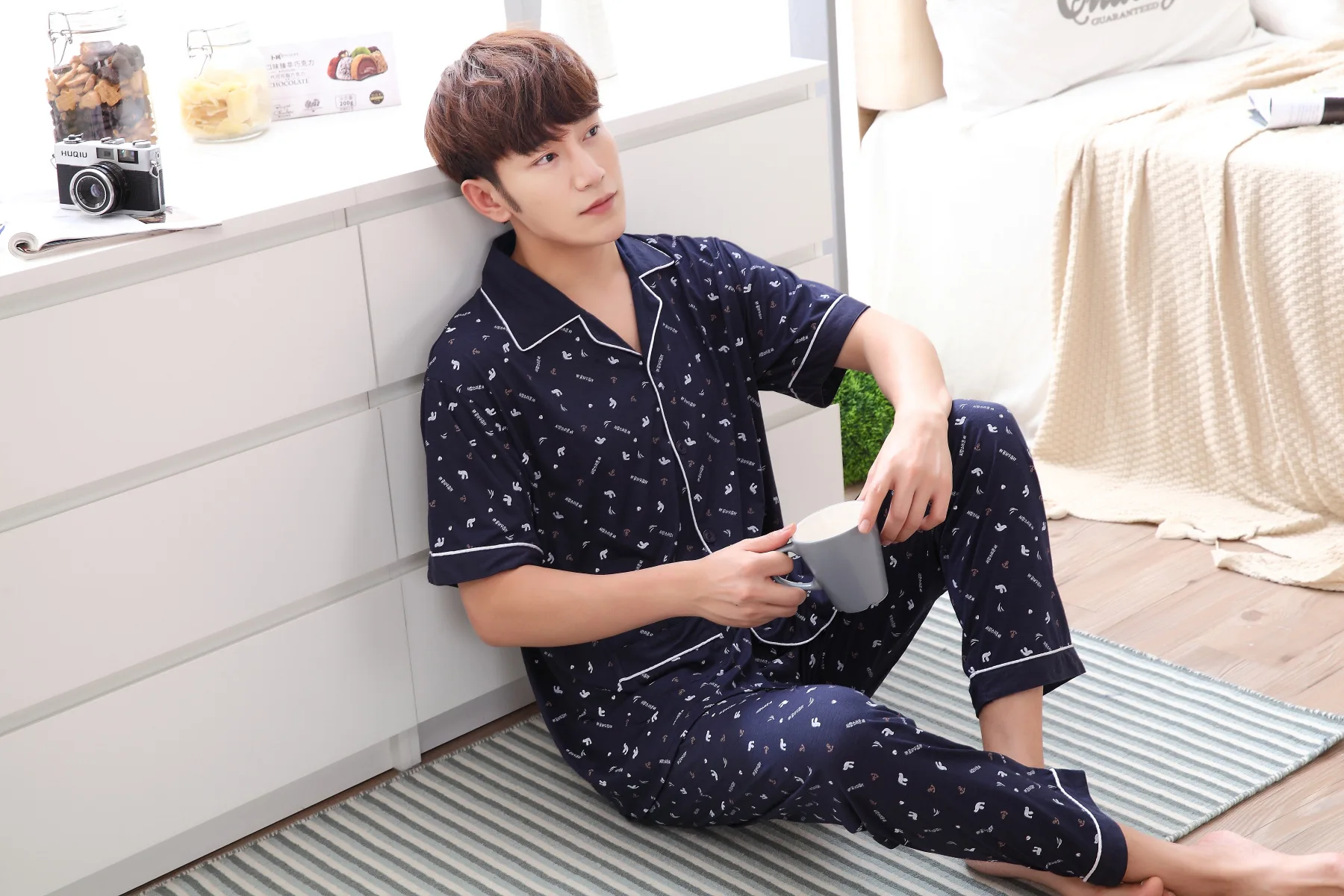 Men's Cotton Pajamas Set Blue Homewear 