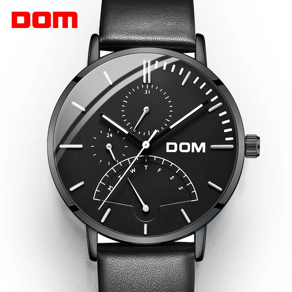 

DOM Men Watches Luxury Brand Multi Function Mens Sport Quartz Watch Waterproof Leather Black Wrist Watch Men Clock M-511D-7M