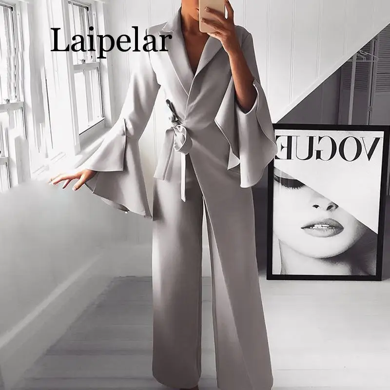 Laipelar, женский комбинезон с поясом на талии, комбинезон с длинным рукавом, широкие штаны, высокая уличная Женская Осенняя элегантная рабочая одежда, Комбинезоны