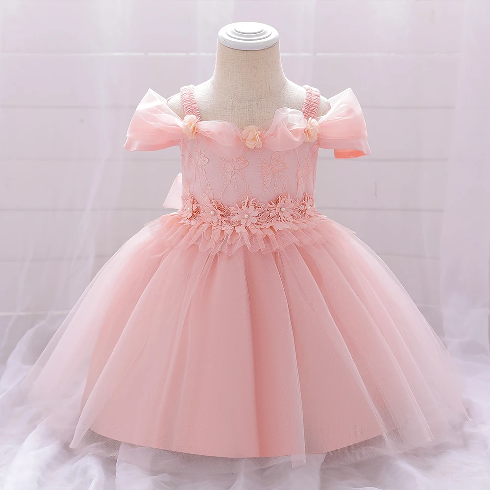 New Infant Baby Girl Dress Petals Tulle Baptism Dresses Girls 1 Year Birthday Beading Party Wedding Baby Clothing