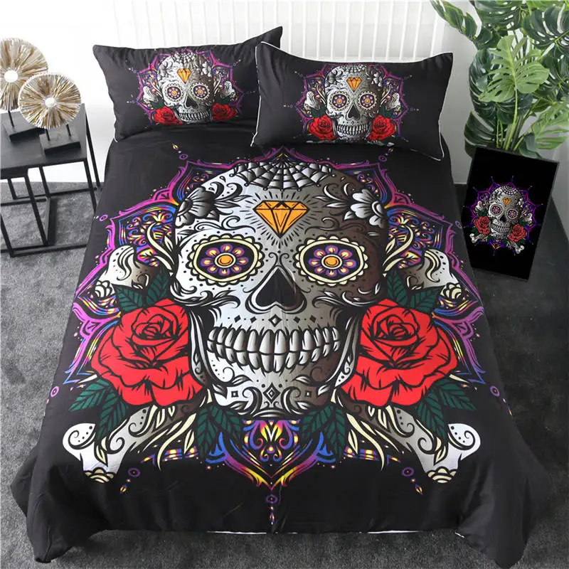 Black Skull Постельные принадлежности Outlet Sugar Skull Комплект постельного белья красная Роза пододеяльник Алмазный Готический домашний текстиль Мандала Цветок лотоса постельное белье из 3 предметов - Цвет: Black Skull